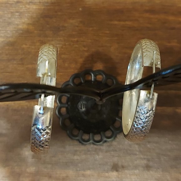 Mexican 925 Silver Checker Plate 3/4 Hoop Earrings - Picture 5 of 7